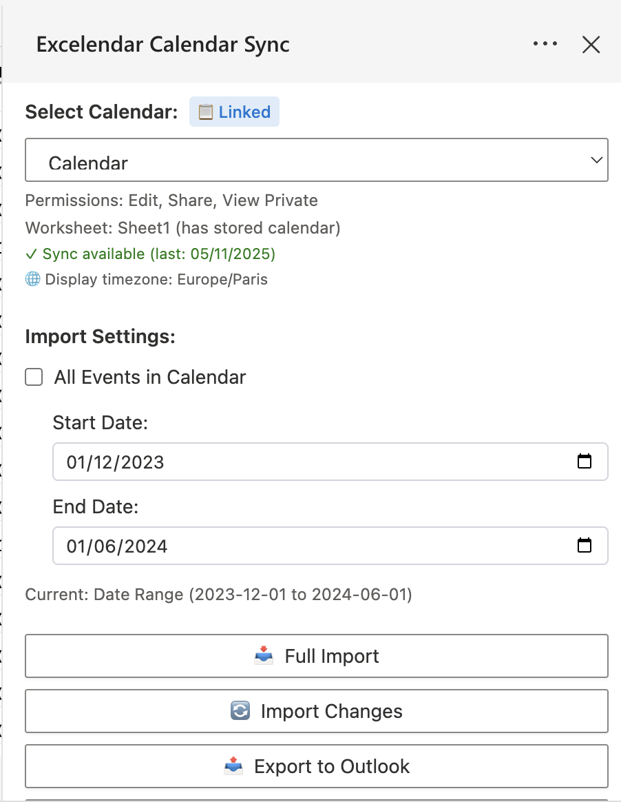 Excelendar import interface